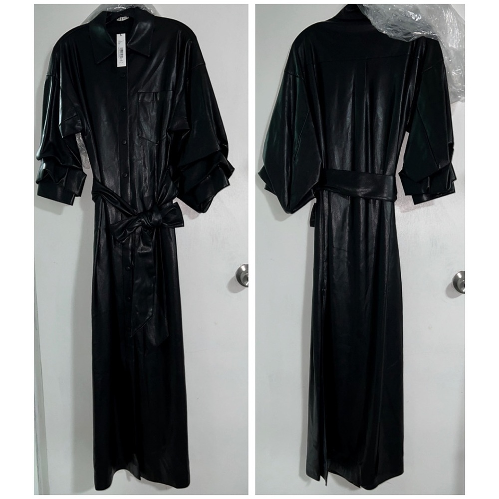 Alice + Olivia Tanika Vegan Leather Button Front Collared Black Maxi Dress - Picture 7 of 15